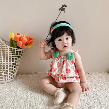 Summer Girls' Heart Print Sleeveless Romper Jumpsuit - Breathable Cotton-Polyester Blend Toddler Outfit