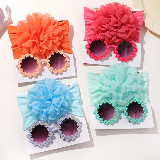 Adorable Handmade Flower Headband and Daisy Round Glasses Gift Set for Baby Girls and Toddlers