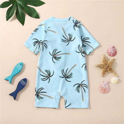 Toddler Unisex Blue Tropical Tree Print Short Sleeve Zipper Swimwear for Ages 1-5