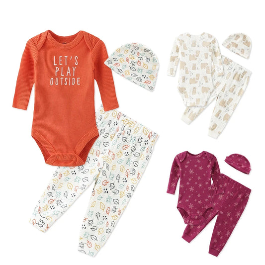 Stylish Infant Baby Boys' Long Sleeve Bodysuit and Pants Set with Hat - Fall/Newborn Outfit