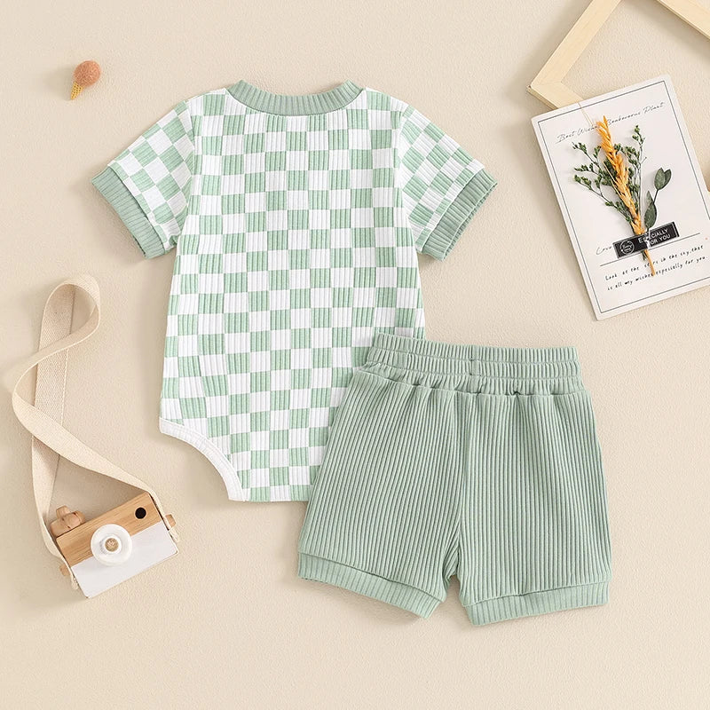 Trendy Baby Boys Summer Ribbed Checkerboard Bodysuit and Shorts Set (0-18 Months)