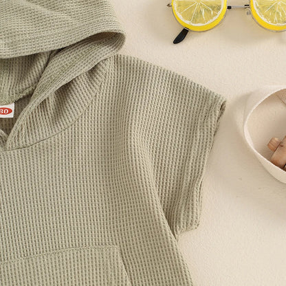 Toddler Summer Outfit Set for Boys and Girls - Solid Color Pocket Hooded Tank Top with Elastic Waist Shorts