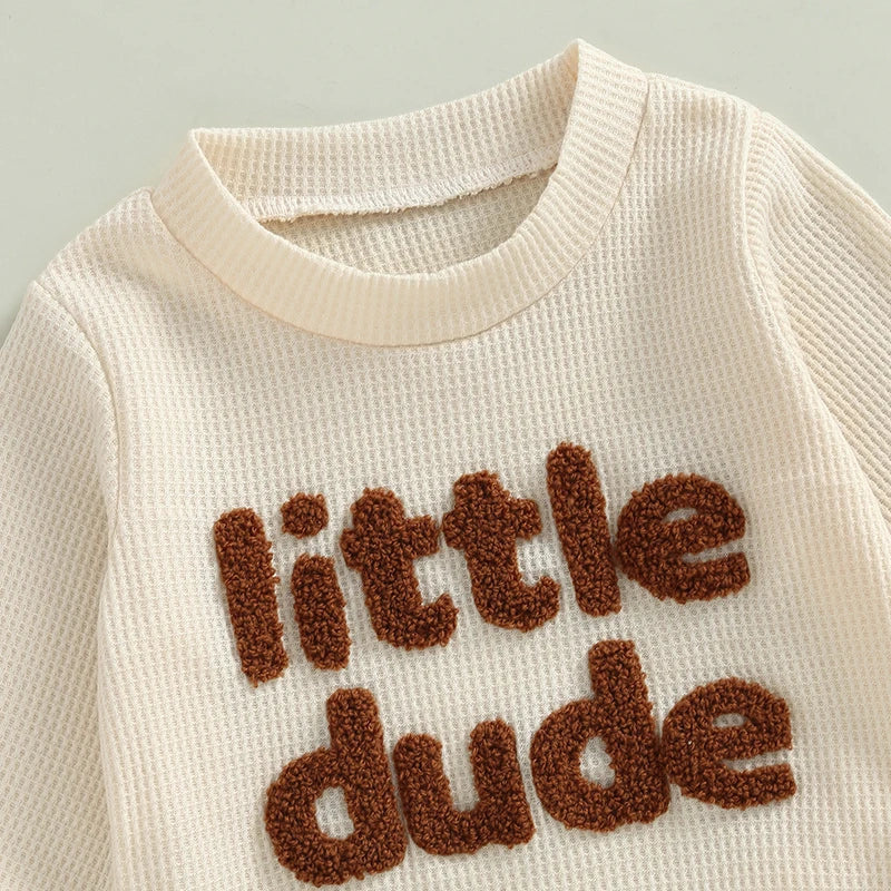 Unisex Baby Waffle Outfit Set with Letter Embroidery - Long Sleeve Sweatshirt and Elastic Waist Pants for Newborns