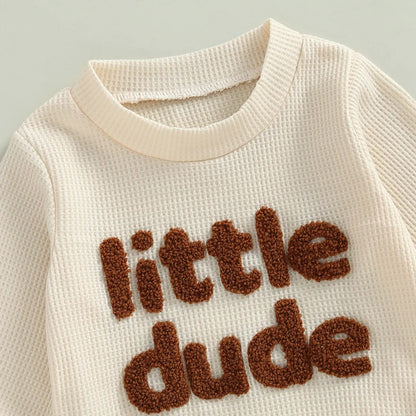Unisex Baby Waffle Outfit Set with Letter Embroidery - Long Sleeve Sweatshirt and Elastic Waist Pants for Newborns
