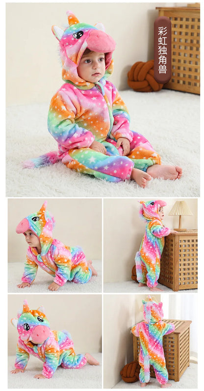 Adorable Flannel Hooded Baby Rompers - Winter Jumpsuits for Boys and Girls Featuring Dragon, Unicorn, and Frog Designs