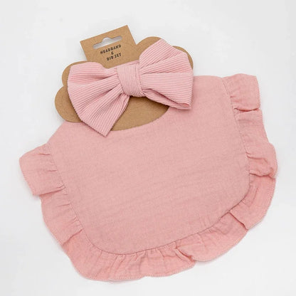 Stylish Ribbed Baby Bibs with Hair Bows and Headbands for Boys and Girls - Ruffled Flower Feeding Accessories