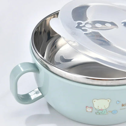 Cartoon-Printed Stainless Steel Insulated Baby Feeding Bowl Set with Spoon - BPA Free, 300ml
