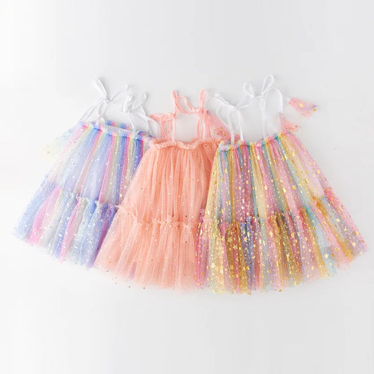 Girls' Tutu Birthday Party Dress 2024 - Sleeveless Sequin Stars Mesh Sling Princess Outfit for Ages 1-7