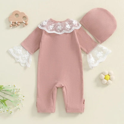 RUEWEY Adorable Newborn Baby Girl Lace Romper with Bow and Turban Hat for Spring and Autumn