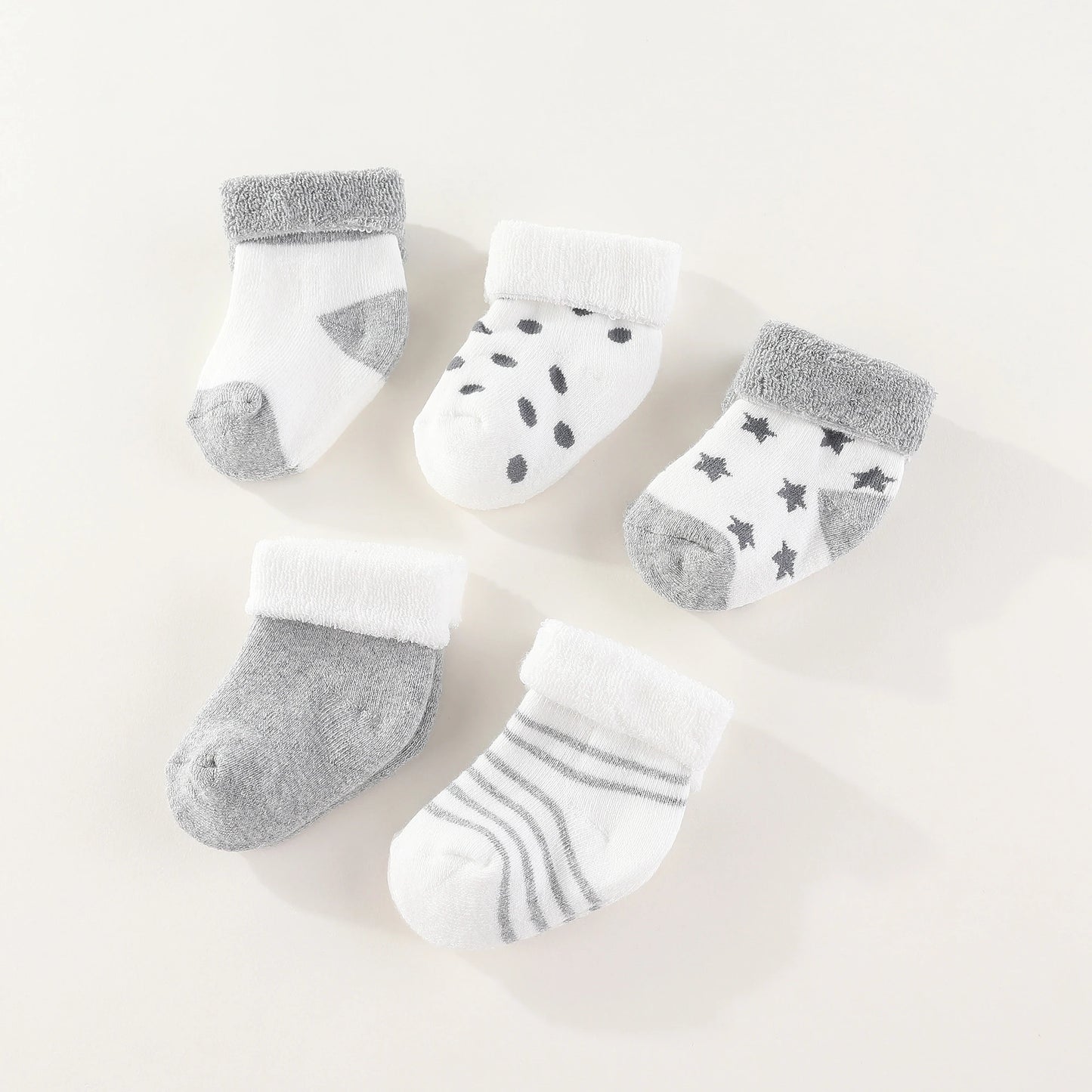 Unisex 5-Pack Cotton Baby Socks for Infants - Solid Colors & Star Patterns 0-12M