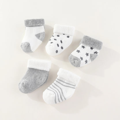 Unisex 5-Pack Cotton Baby Socks for Infants - Solid Colors & Star Patterns 0-12M