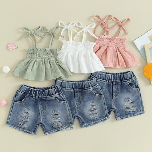 Summer Casual 2-Piece Outfit for Baby Girls: Sleeveless Camisole and Ripped Denim Shorts Set