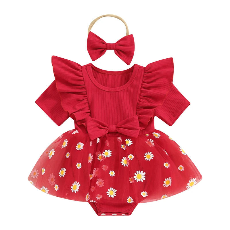 Adorable Baby Girl 2-Piece Daisy Print Summer Romper Dress Set with Matching Headband