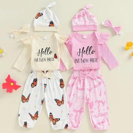 Adorable Baby Girl 4-Piece Outfit Set: Letter Print Long Sleeve Bodysuit, Bow Pants, and Matching Headband Hat for Newborns