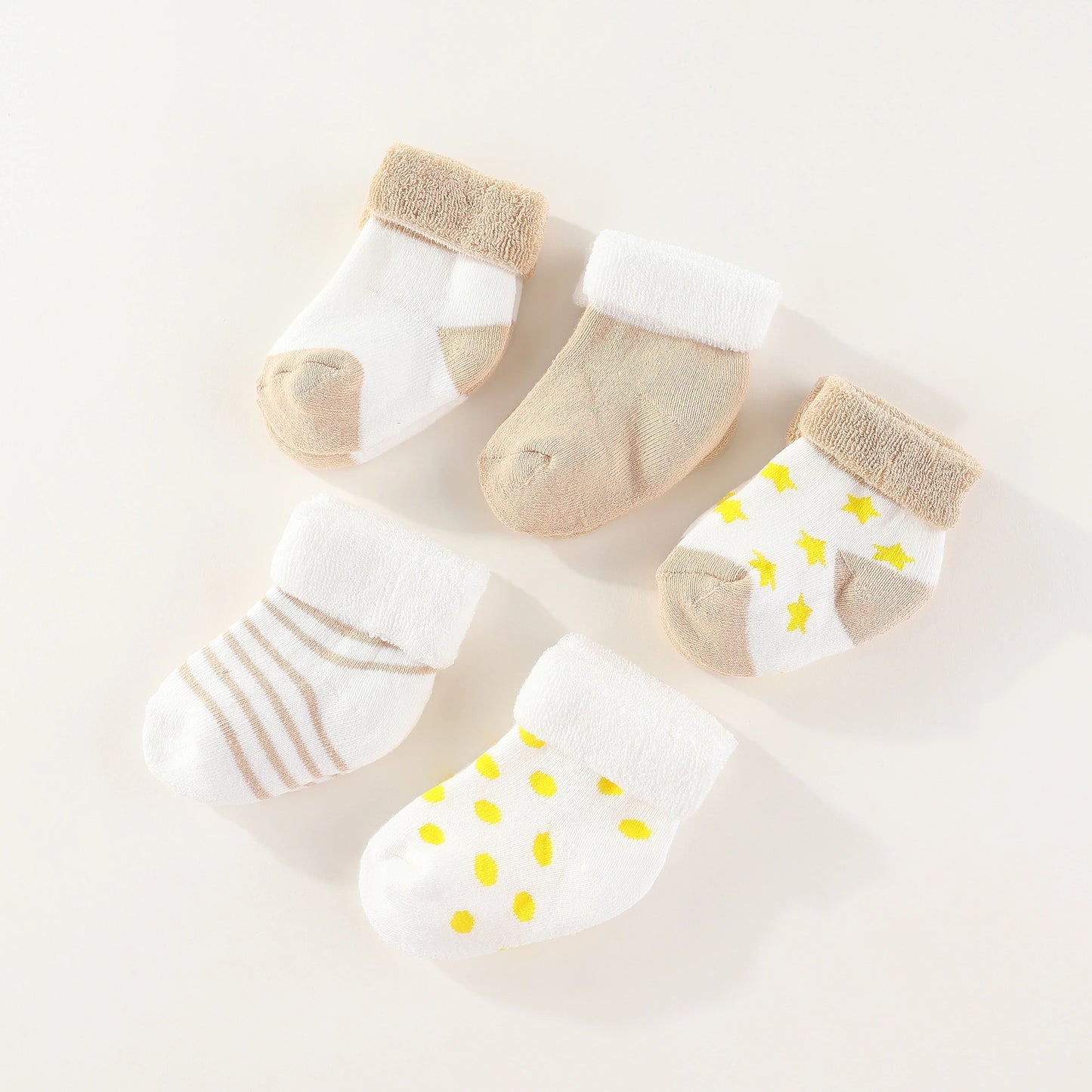 Unisex 5-Pack Cotton Baby Socks for Infants - Solid Colors & Star Patterns 0-12M