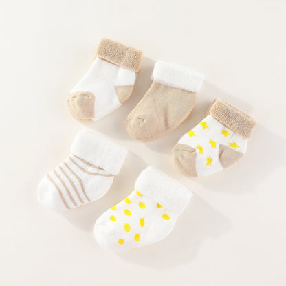 Unisex 5-Pack Cotton Baby Socks for Infants - Solid Colors & Star Patterns 0-12M