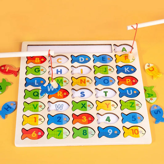 Magnetic Wooden Fishing Game for Kids - Letter Recognition and Color Matching Educational Toy