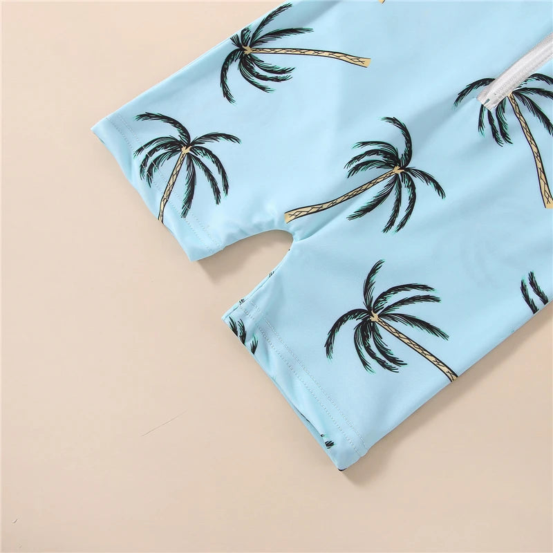 Toddler Unisex Blue Tropical Tree Print Short Sleeve Zipper Swimwear for Ages 1-5