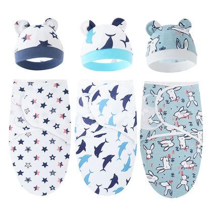 Baby Blanket Hat Set Cartoon Printed Cotton Newborn Swaddle Adjustable Infant Sleeping Swaddle Wraps All Seasons 0-6 Months