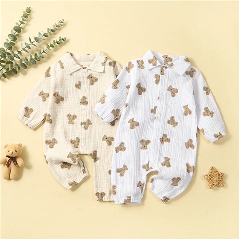 Adorable Bear Print Long Sleeve Romper for Newborns - Casual Turn-Down Collar Jumpsuit for Baby Boys and Girls