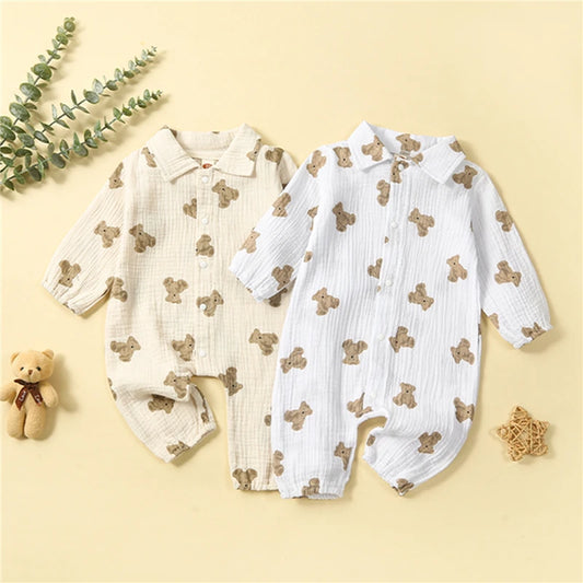 Adorable Bear Print Long Sleeve Romper for Newborns - Casual Turn-Down Collar Jumpsuit for Baby Boys and Girls
