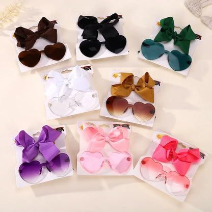 Sunflower Bow Headband and Sunglasses Set for Kids - Retro Round Heart Glasses and Hair Clip Combo for Girls Aged 4-6Y