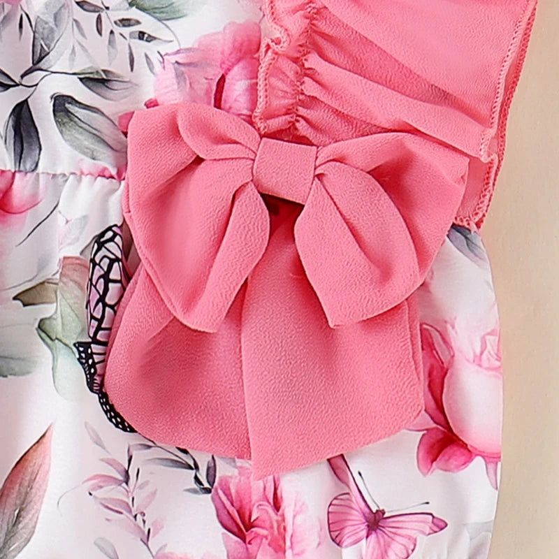 Toddler Summer Floral Bow Bodysuits with Ruffle Sleeves for Girls 0-18 Months