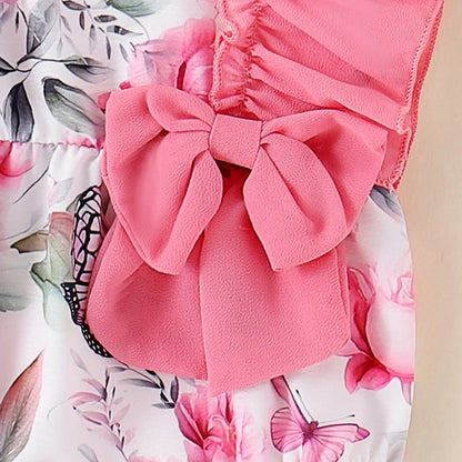 Toddler Summer Floral Bow Bodysuits with Ruffle Sleeves for Girls 0-18 Months