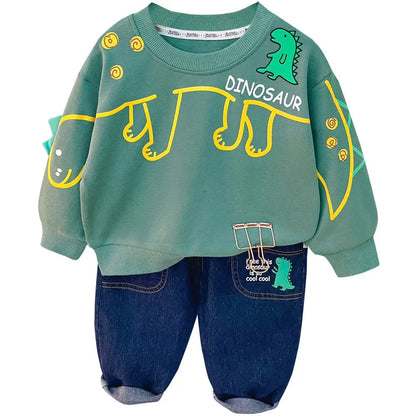 Adorable 2023 Boys Cartoon Dinosaur Pullover Sweatshirt and Denim Pants Outfit for Autumn Fashion