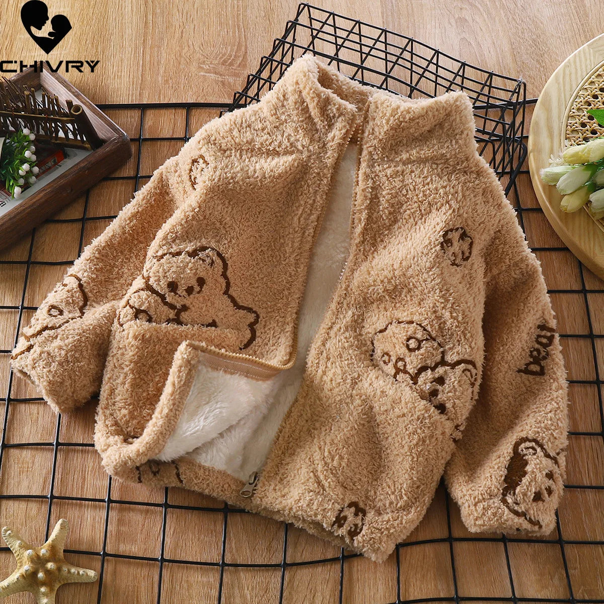 Adorable 2023 Kids Winter Flannel Jacket for Boys and Girls - Cute Cartoon Stand Collar Zipper Coat