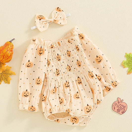Adorable Baby Girls Pumpkin Print Halloween Ruffle Collar Romper with Matching Headband