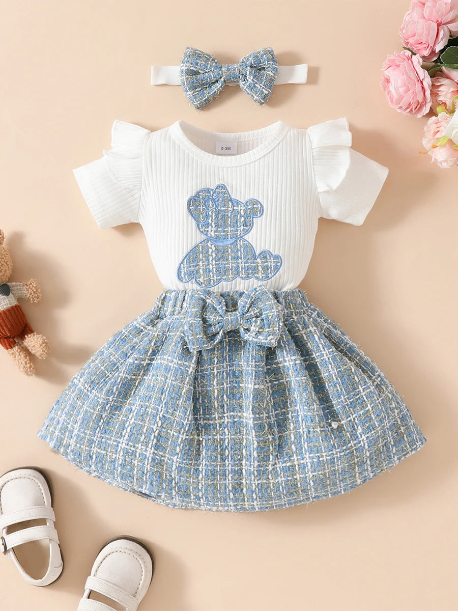 Adorable Baby Girls 3-Piece Skirt Set with Bear Embroidery Romper, Bow Mini Skirt, and Headband for Summer