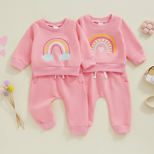 Toddler Girls' Rainbow Print 2-Piece Sweatsuit Set with Long Sleeve Sweatshirt and Pants