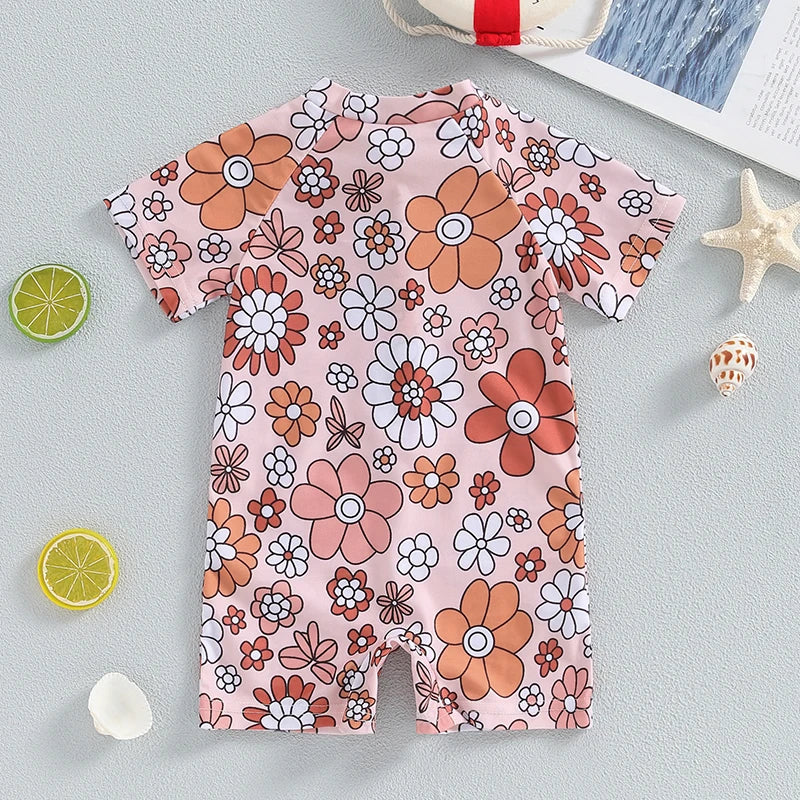 Adorable Floral Print Short Sleeve Swimsuit for Baby Girls - Summer Bathing Suit for Newborns and Toddlers