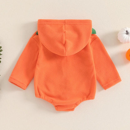 Adorable Pumpkin Print Hooded Romper for Babies - Long Sleeve Halloween Jumpsuit for Newborns, Unisex Autumn/Winter Outfit