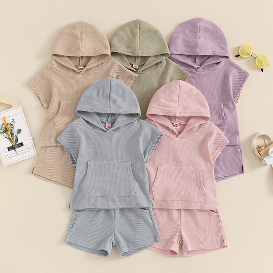 Toddler Summer Outfit Set for Boys and Girls - Solid Color Pocket Hooded Tank Top with Elastic Waist Shorts