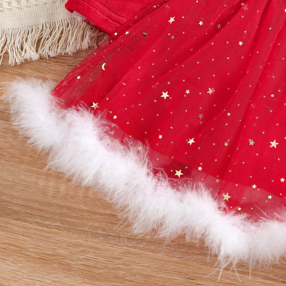 Toddler Girls Santa Claus Christmas Dress with Fluffy Red Long Sleeves and Bow Accessory for Holiday Parties