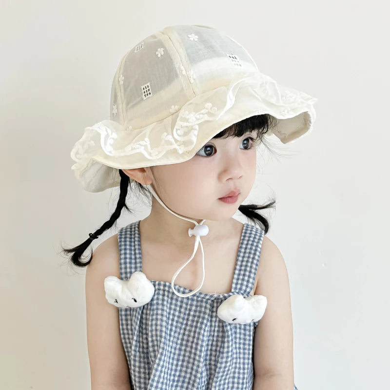 Summer Floral Lace Bucket Hat for Baby Girls - Cute Adjustable Fisherman Cap for Toddlers 1-3 Years