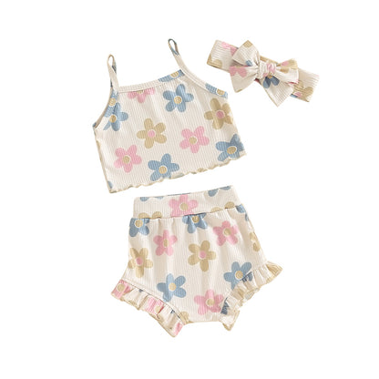 Toddler Summer Floral Outfit Set for Baby Girls - 3PCS Cami Top, Shorts, and Headband (0-24 Months)