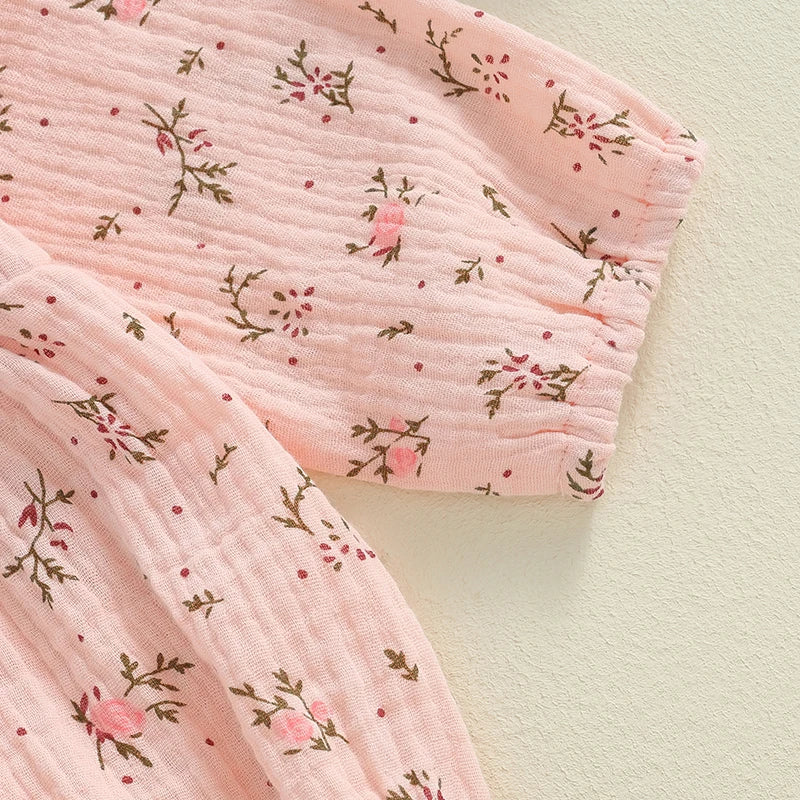 Adorable Baby Girls Floral Print Long Sleeve Romper with Ruffles for Autumn and Fall