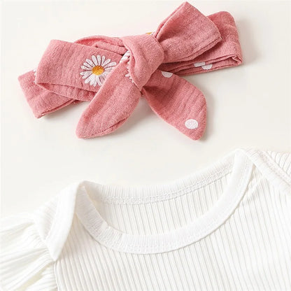 Adorable Baby Girl Autumn 3-Piece Cotton Outfits Set with Floral Romper, Pants, and Headband