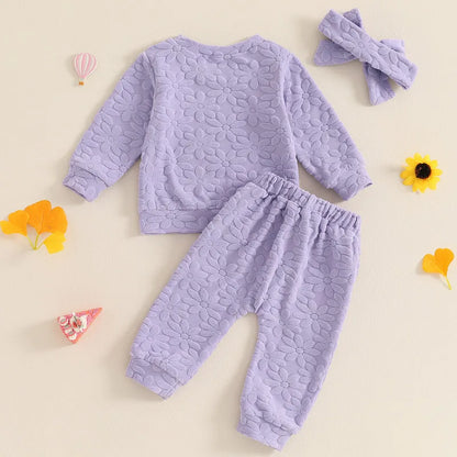 Toddler Girls' Fall Outfit Set - Daisy Embroidered Long Sleeve Sweatshirt with Elastic Waist Pants and Headband (3 Pieces)