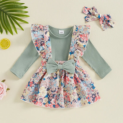 Adorable 3-Piece Infant Girls Autumn Outfit Set with Ruffled Romper, Floral Bow Skirt, and Matching Hair Band