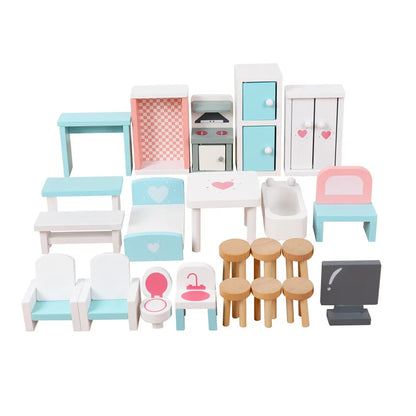 Wooden Dollhouse Furniture Collection - Complete Room Set for Kids' Pretend Play