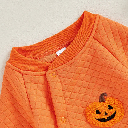 Cute Ghost Embroidered Halloween Romper for Infants - Long Sleeve Full Length Jumpsuit for Boys and Girls