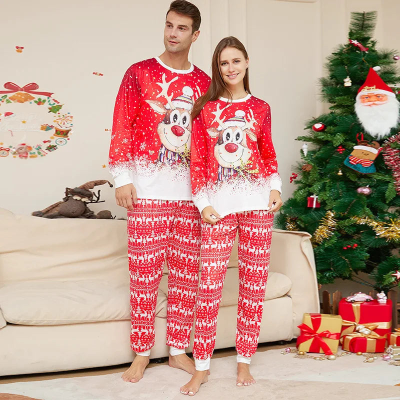 Festive Family Matching Christmas Pajama Set with Reindeer Print - Long Sleeved Nightwear for Parents and Kids