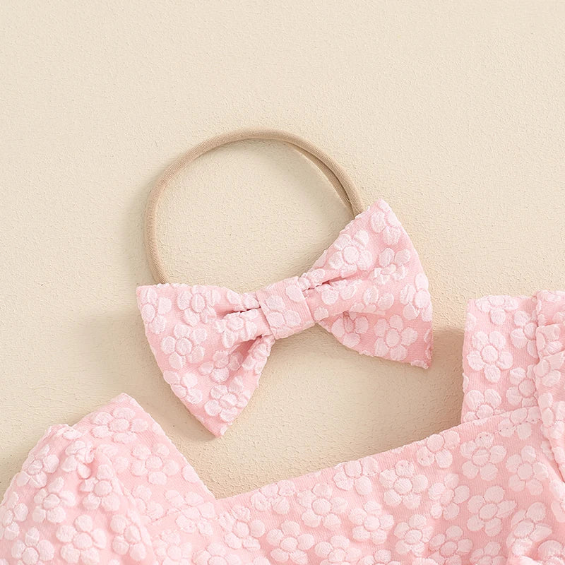 Adorable Baby Girls' Floral Summer Romper with Bow Headband and Puff Sleeves