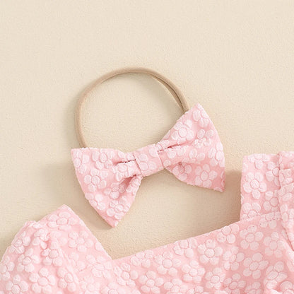 Adorable Baby Girls' Floral Summer Romper with Bow Headband and Puff Sleeves