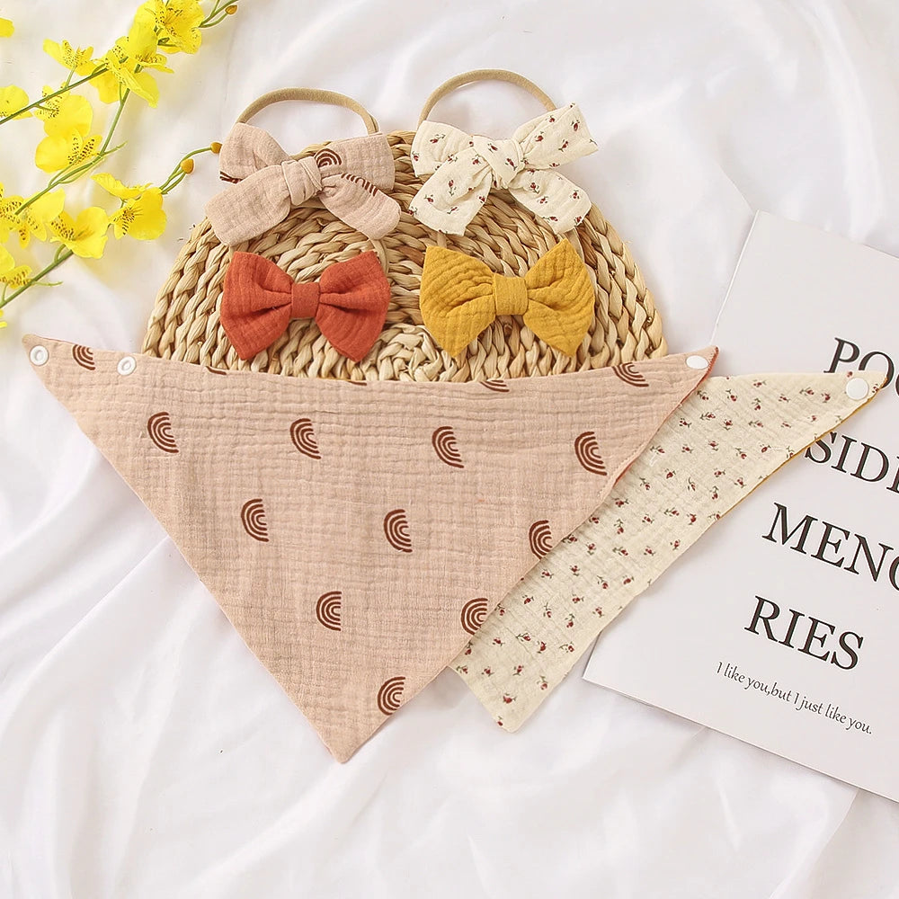3-Piece Muslin Cotton Baby Bib and Bow Headband Set - Adjustable Triangle Saliva Towel for Infants and Toddlers