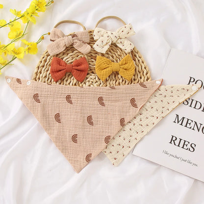 3-Piece Muslin Cotton Baby Bib and Bow Headband Set - Adjustable Triangle Saliva Towel for Infants and Toddlers